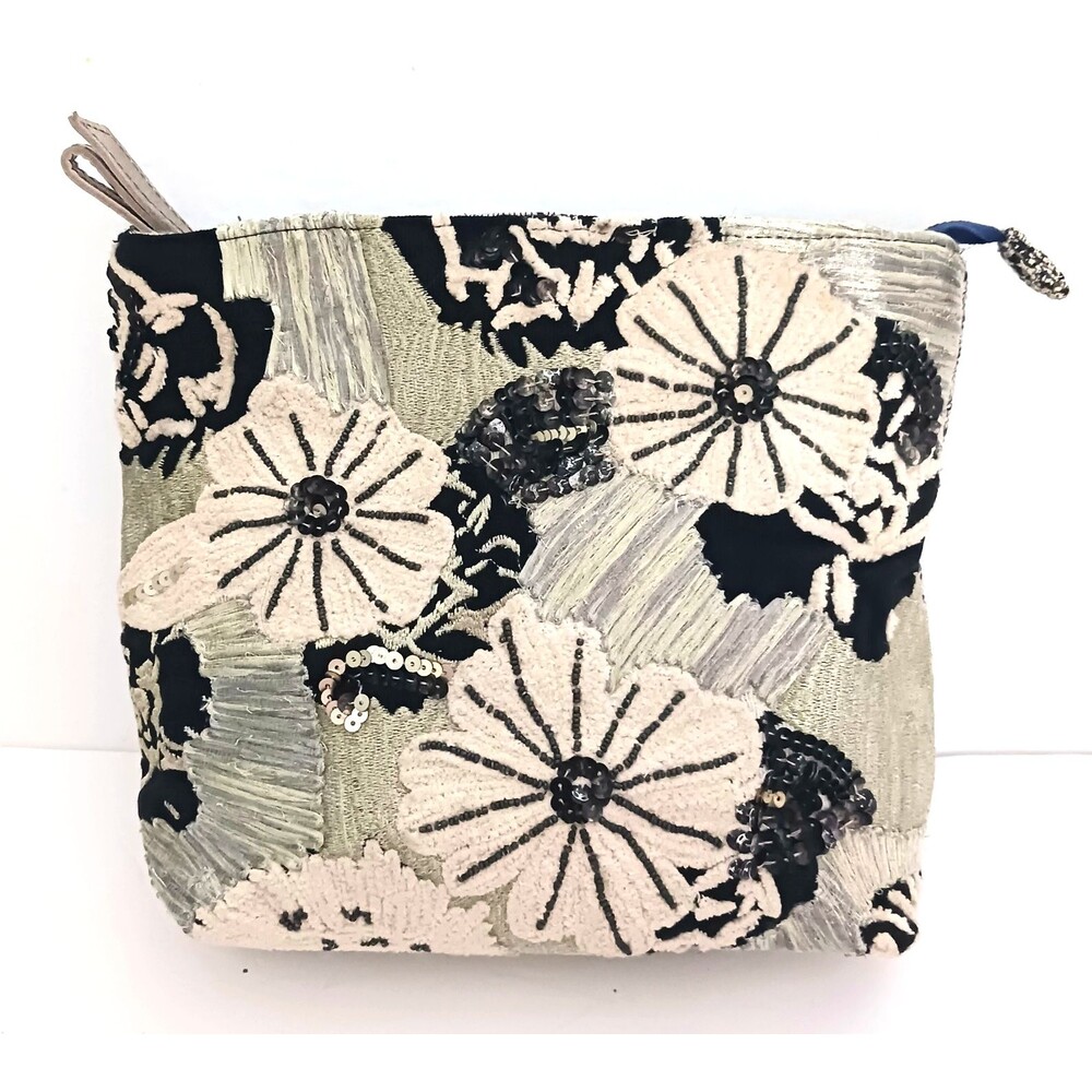 NEW Miss Albright Zip Top Lg Pouch Bag Blk Silver Floral Embroidery Beading 11X9